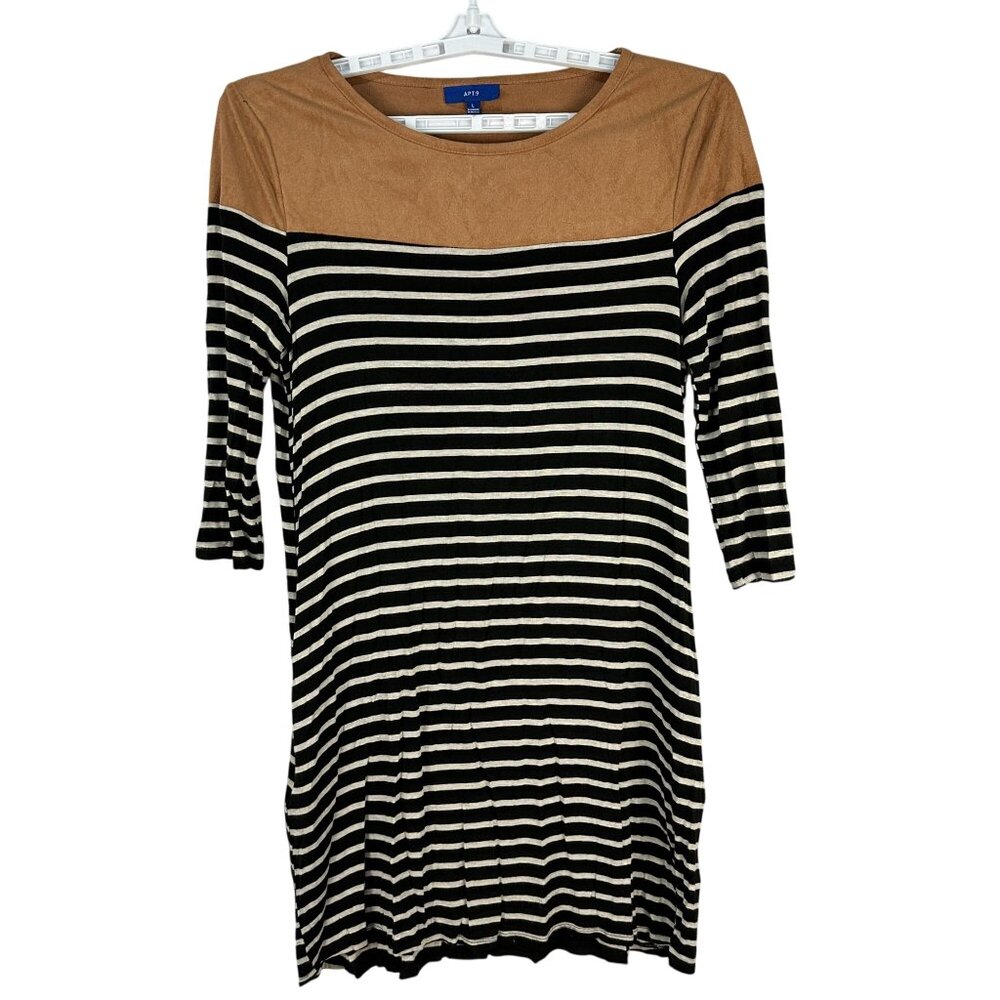 Apt 9 Womens Black Tan Striped 34 Sleeve Stretch Dress Size Large